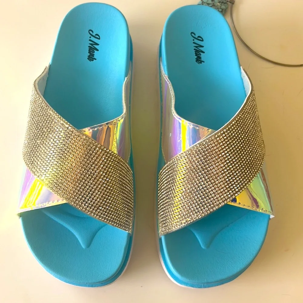 J. Mark New Turquoise Sandals, Crystal covered and Iridescent Straps. Size 9 - Picture 2 of 9